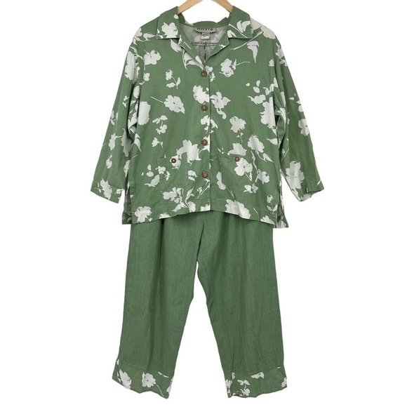 Vintage 90’s Orvis Capri Pants/Shirt Set Green Floral 16 - Picture 1 of 9